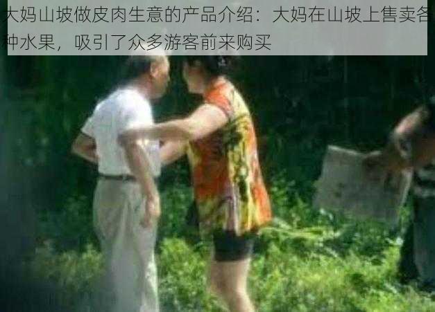 大妈山坡做皮肉生意的产品介绍：大妈在山坡上售卖各种水果，吸引了众多游客前来购买