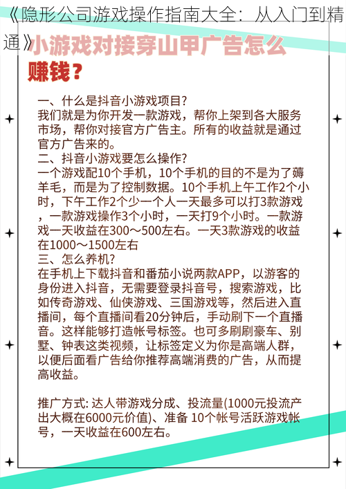 《隐形公司游戏操作指南大全：从入门到精通》