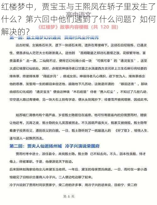 红楼梦中，贾宝玉与王熙凤在轿子里发生了什么？第六回中他们遇到了什么问题？如何解决的？