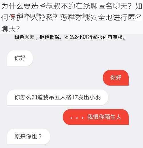 为什么要选择叔叔不约在线聊匿名聊天？如何保护个人隐私？怎样才能安全地进行匿名聊天？